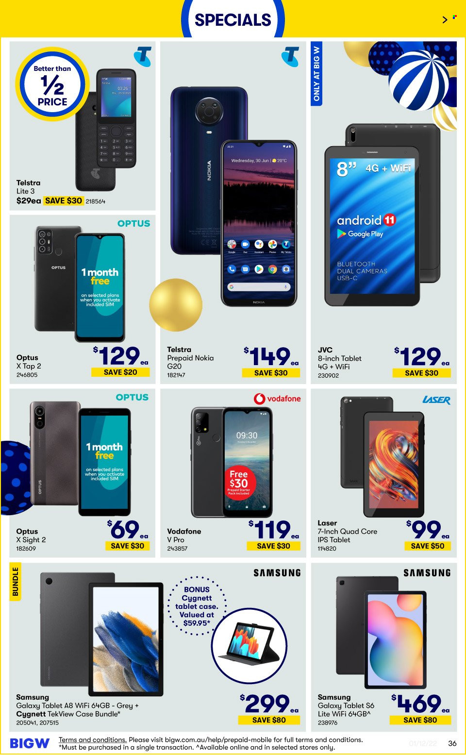 thumbnail - BIG W Catalogue - Sales products - tablet, Samsung Galaxy, Samsung, Nokia, Optus, camera, JVC. Page 36.