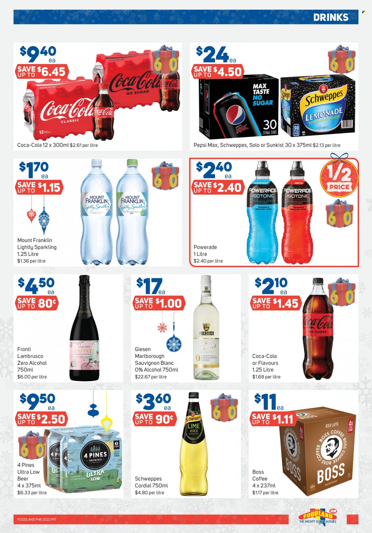 thumbnail - Foodland Catalogue - 30 Nov 2022 - 6 Dec 2022 - Sales products - Coca-Cola, lemonade, Schweppes, Powerade, Pepsi, Pepsi Max, coffee, white wine, wine, Sauvignon Blanc, beer. Page 17.