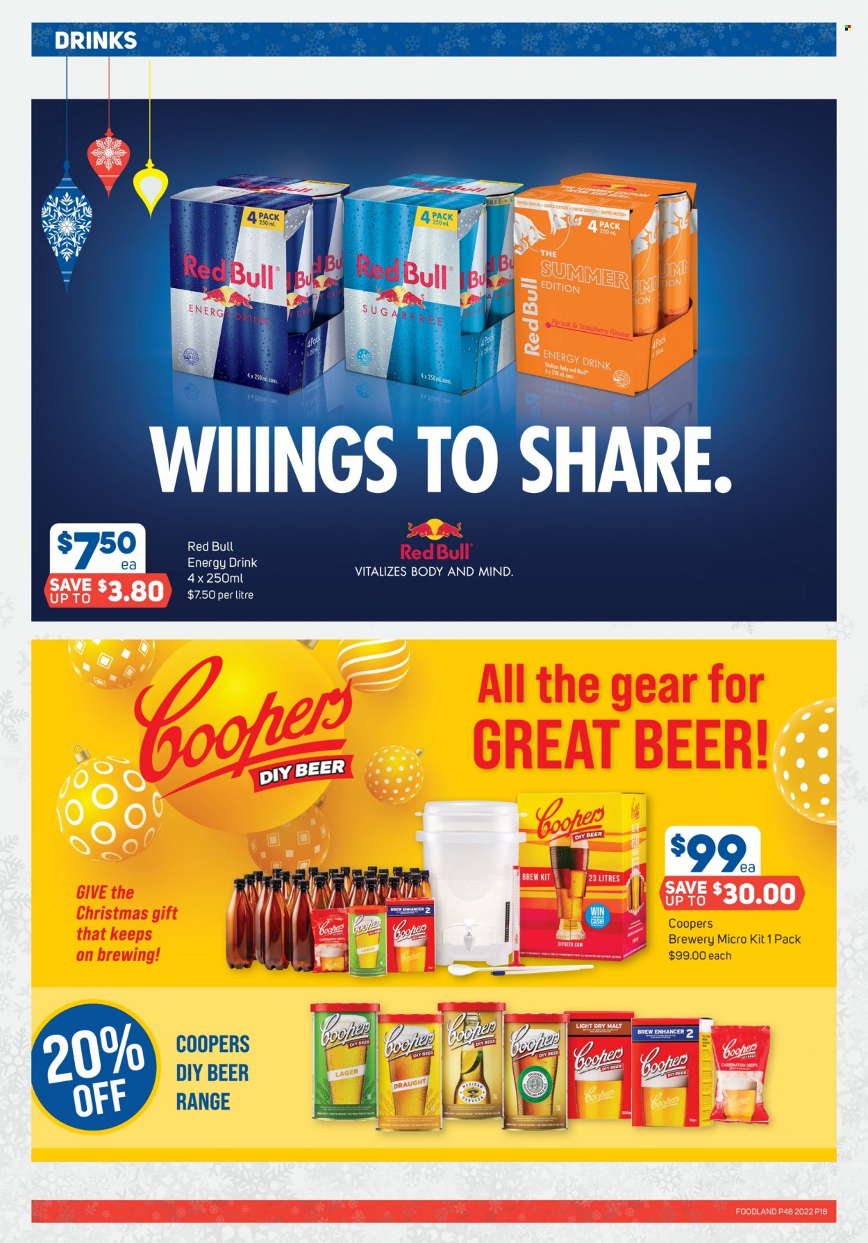 thumbnail - Foodland Catalogue - 30 Nov 2022 - 6 Dec 2022 - Sales products - sugar, malt, energy drink, Red Bull, beer, Lager. Page 18.