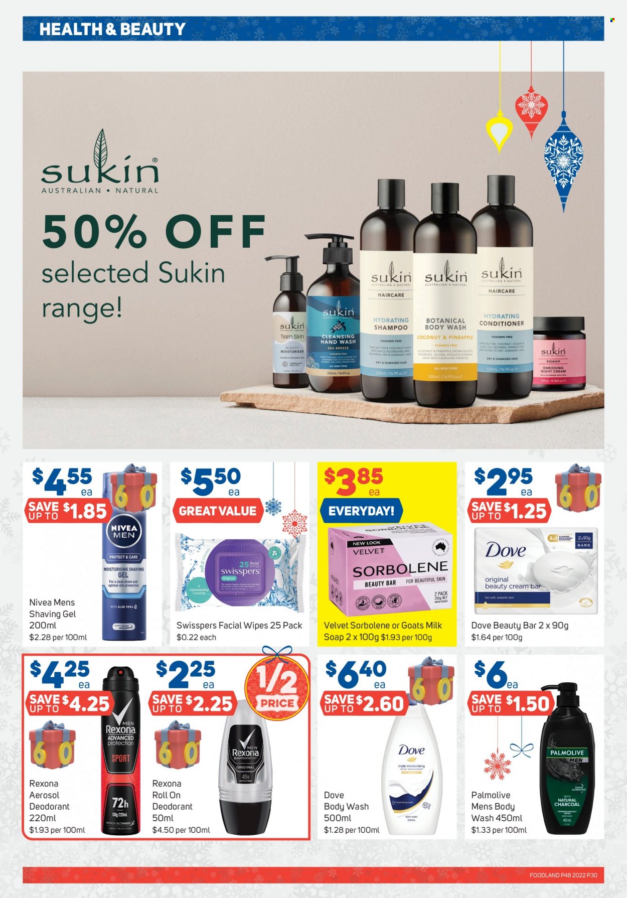 thumbnail - Foodland Catalogue - 30 Nov 2022 - 6 Dec 2022 - Sales products - pineapple, milk, Dove, wipes, Nivea, body wash, shampoo, hand wash, Palmolive, soap, night cream, conditioner, Sukin, shea butter, anti-perspirant, fragrance, Rexona, roll-on, deodorant, charcoal. Page 30.