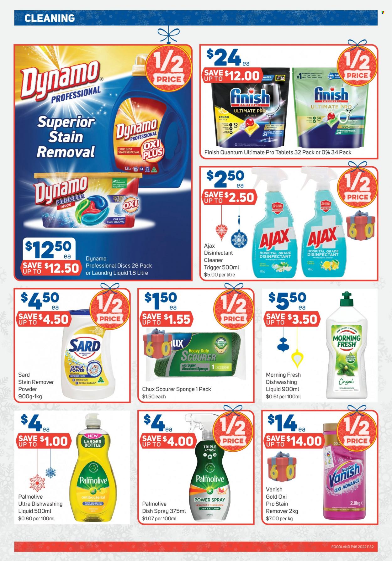 thumbnail - Foodland Catalogue - 30 Nov 2022 - 6 Dec 2022 - Sales products - grapefruits, cleaner, desinfection, stain remover, Vanish, Ajax, laundry detergent, dishwashing liquid, scourer, Finish Powerball, Finish Quantum Ultimate, Palmolive. Page 32.