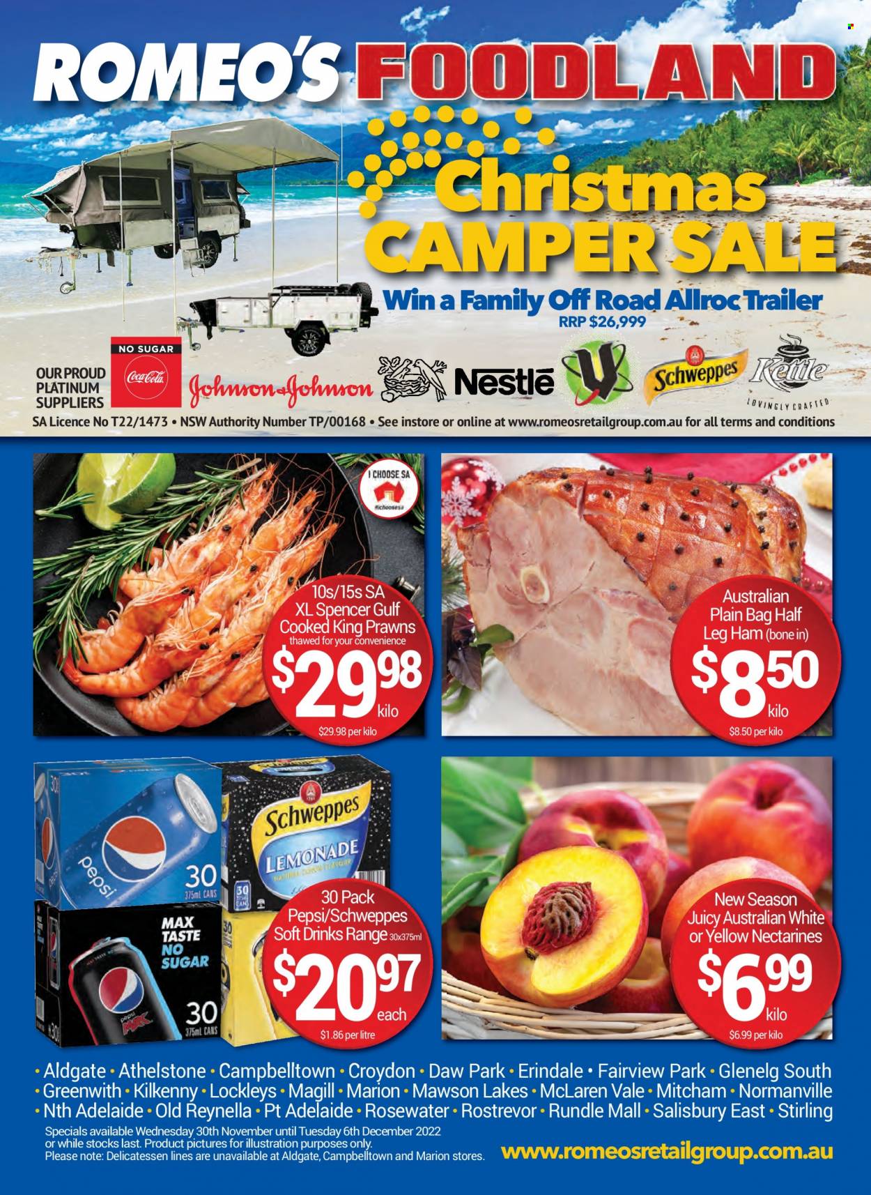 thumbnail - Foodland Catalogue - 30 Nov 2022 - 6 Dec 2022 - Sales products - nectarines, prawns, ham, leg ham, Schweppes, Pepsi, soft drink, bag. Page 1.
