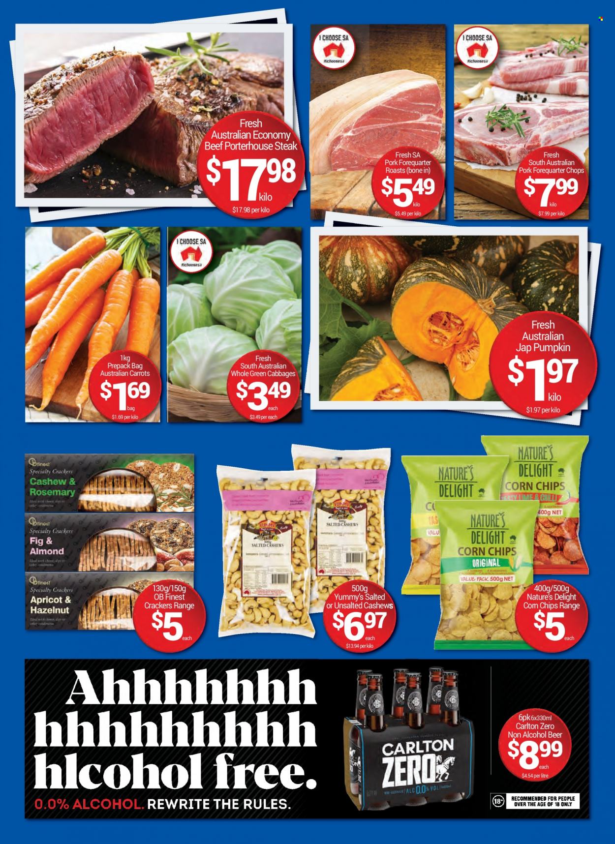 thumbnail - Foodland Catalogue - 30 Nov 2022 - 6 Dec 2022 - Sales products - carrots, pumpkin, crackers, chips, corn chips, cashews, beer, steak, bag. Page 2.