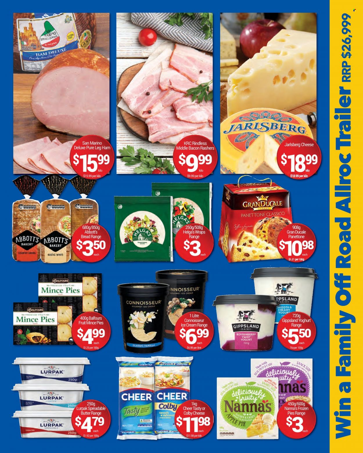 thumbnail - Foodland Catalogue - 30 Nov 2022 - 6 Dec 2022 - Sales products - bread, pie, wraps, apple pie, panettone, mince pies, bacon, ham, leg ham, Colby cheese, cheese, spreadable butter, Lurpak, ice cream, frozen pies. Page 3.