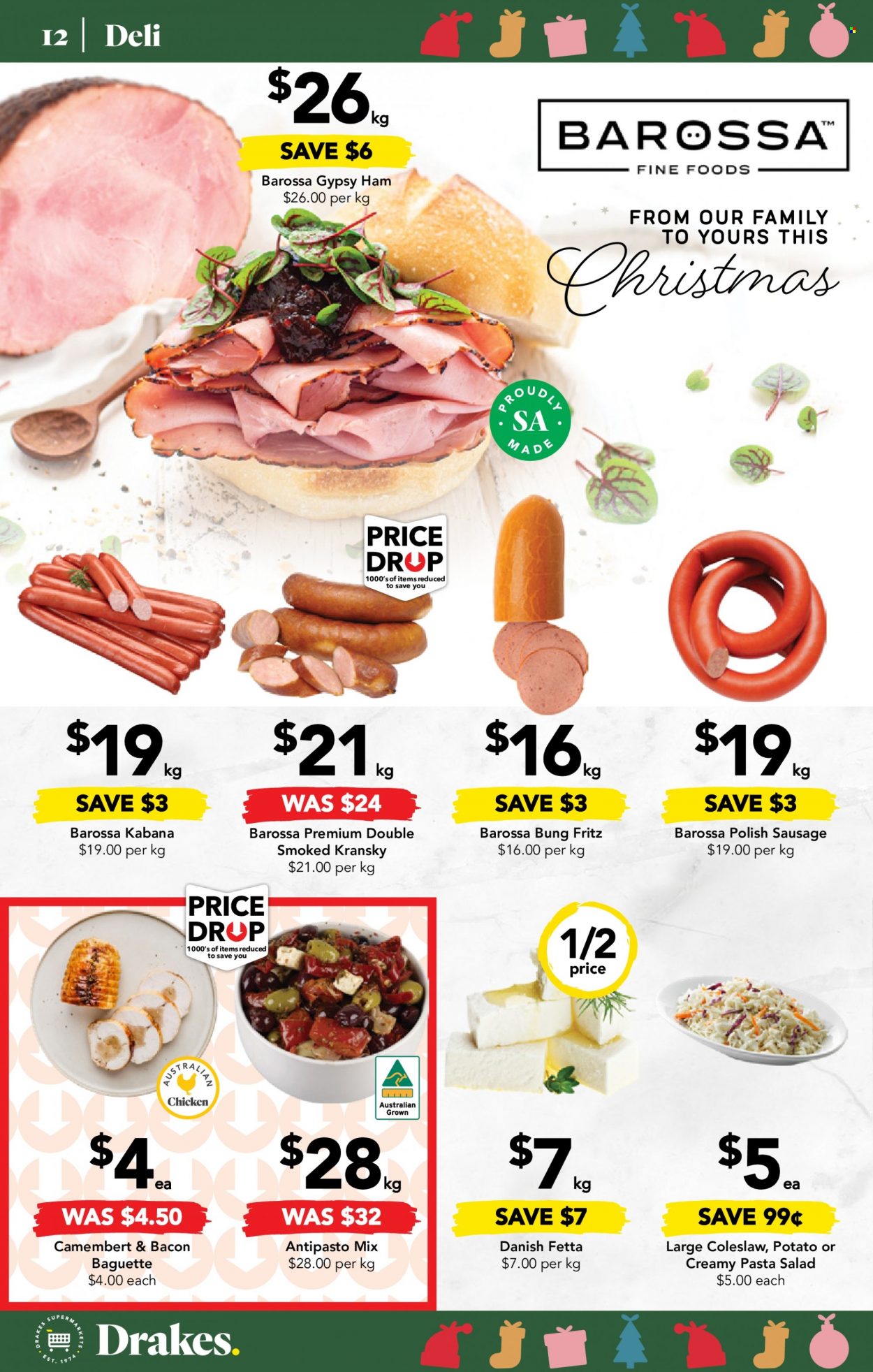 thumbnail - Drakes Catalogue - 30 Nov 2022 - 6 Dec 2022 - Sales products - baguette, salad, coleslaw, bacon, ham, sausage, polish sausage, Kransky, pasta salad, camembert. Page 12.