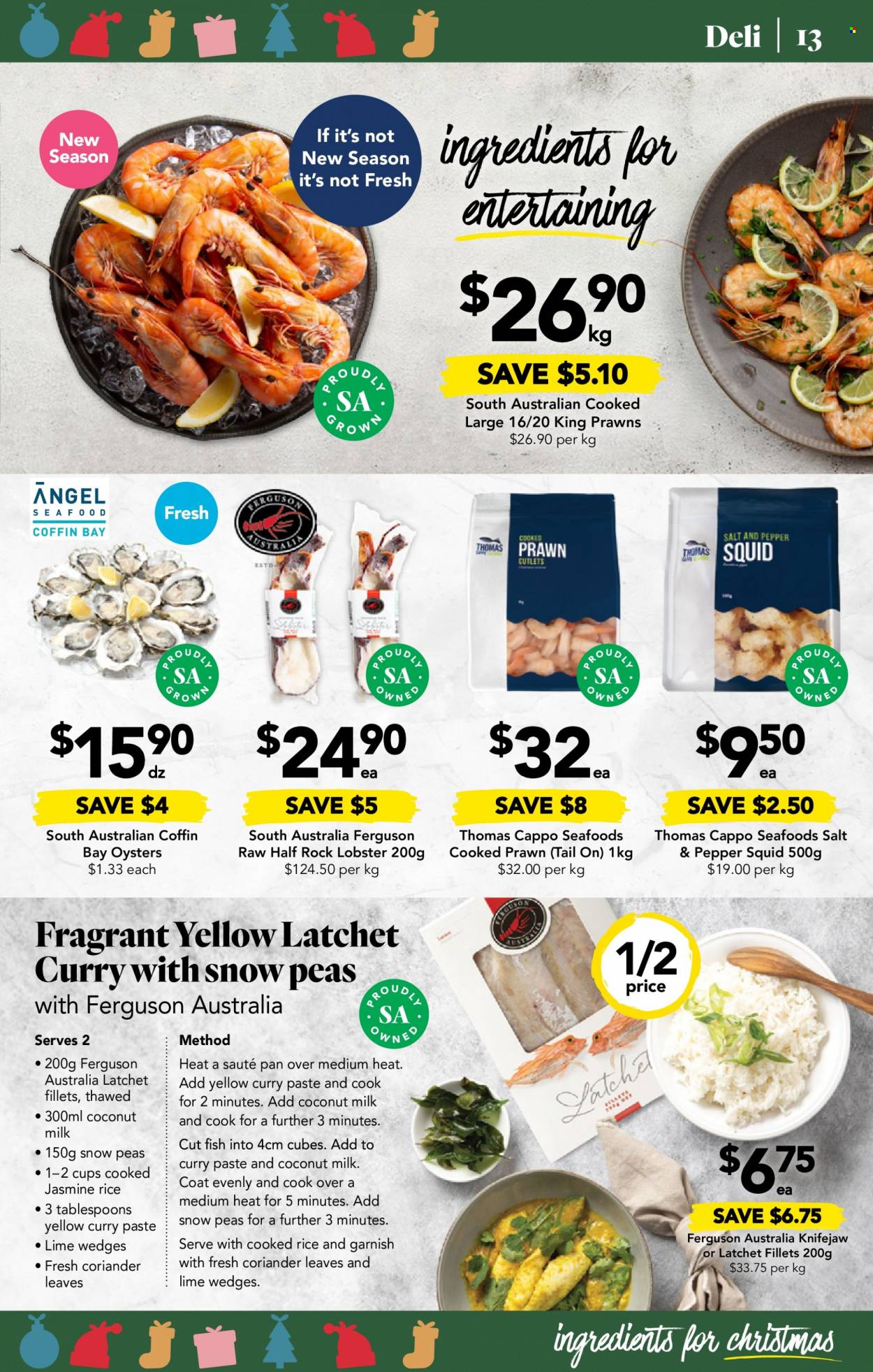 thumbnail - Drakes Catalogue - 30 Nov 2022 - 6 Dec 2022 - Sales products - lobster, squid, oysters, prawns, snow peas, coconut milk, rice, jasmine rice, coriander, curry paste, pan, coat. Page 13.