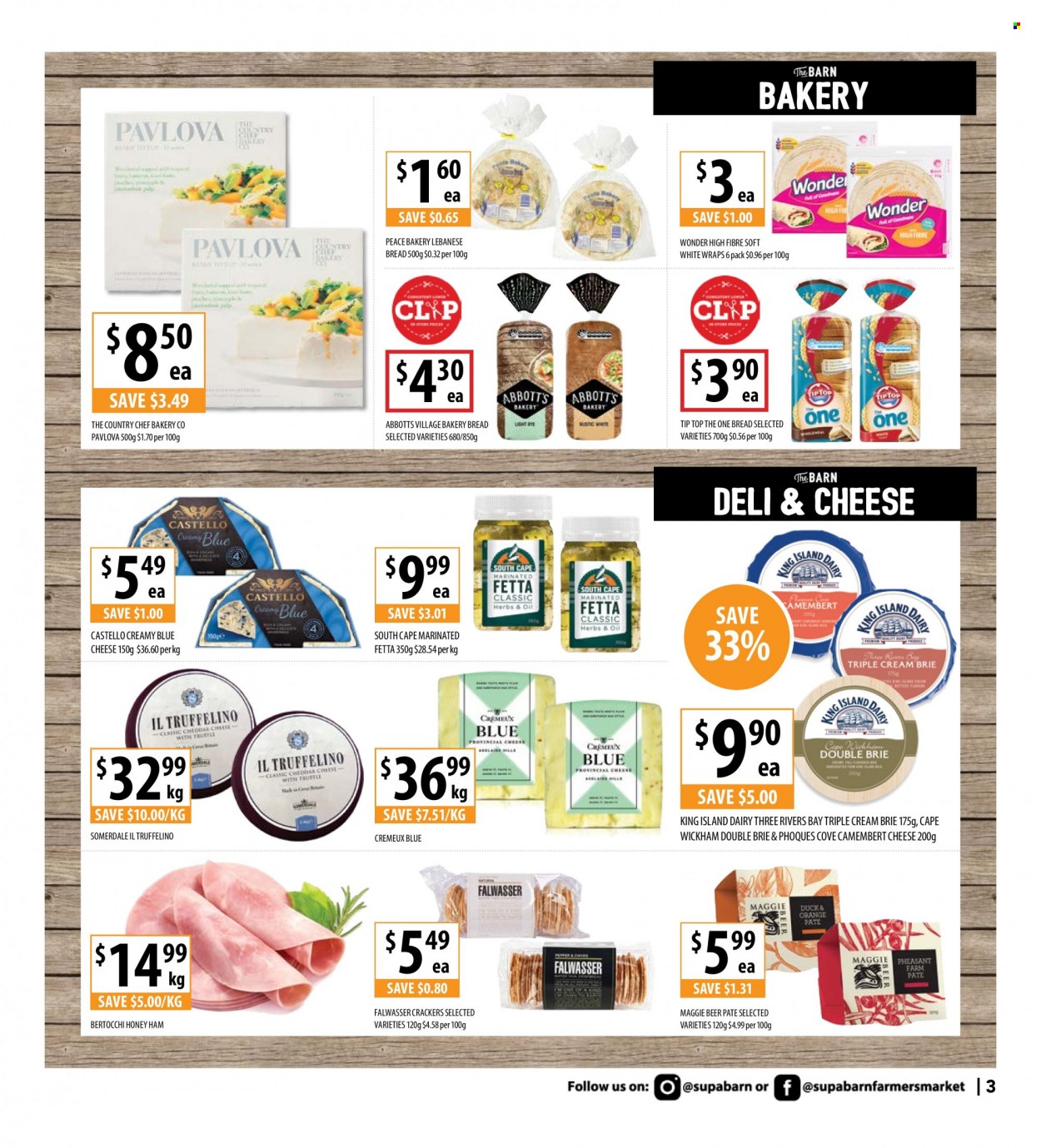 thumbnail - Supabarn Catalogue - 30 Nov 2022 - 6 Dec 2022 - Sales products - bread, Tip Top, wraps, ham, blue cheese, camembert, brie, crackers, beer. Page 3.