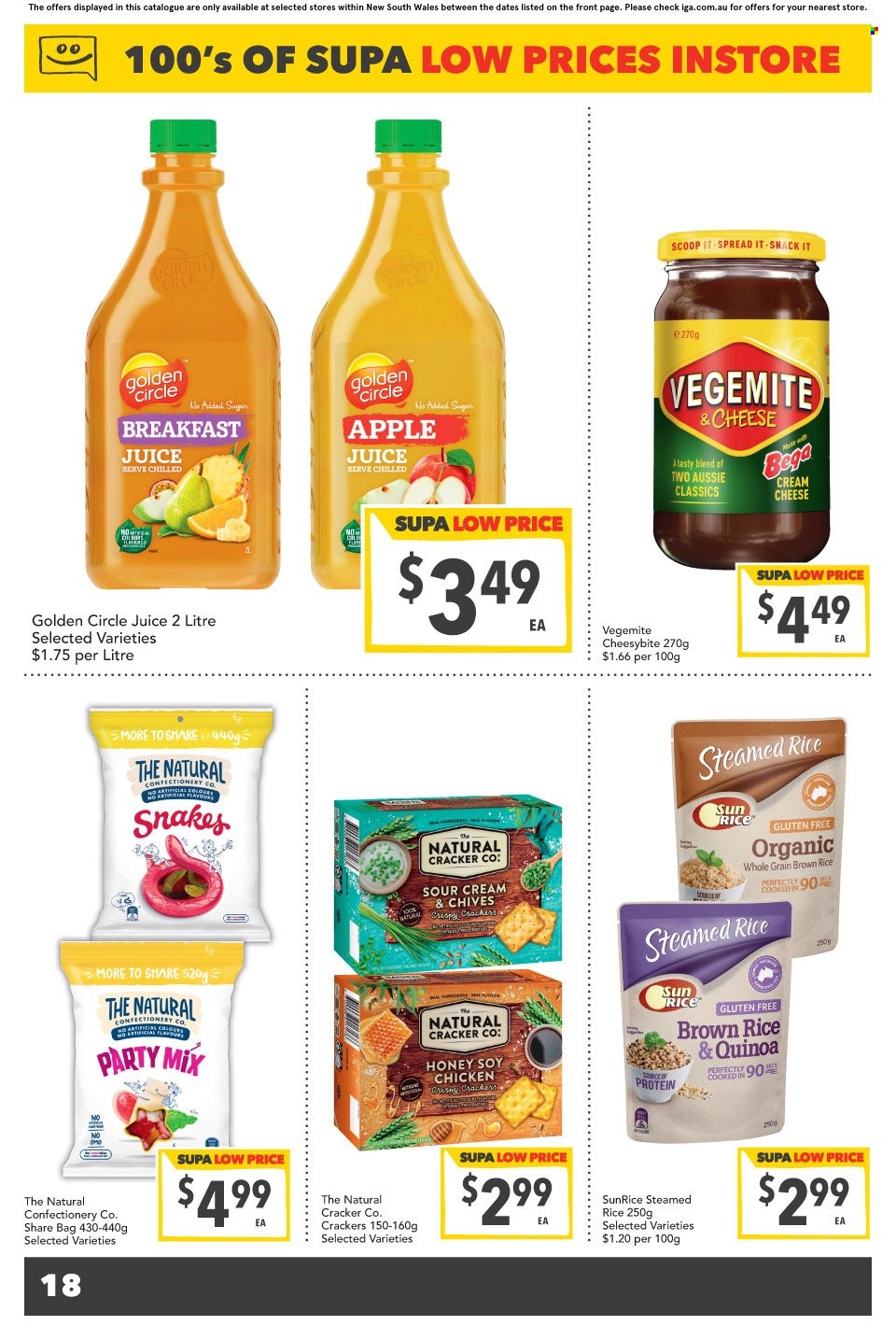 thumbnail - SUPA VALU Catalogue - 30 Nov 2022 - 6 Dec 2022 - Sales products - chives, cream cheese, snack, crackers, brown rice, quinoa, honey, apple juice, juice, Omo, Aussie, bag. Page 19.