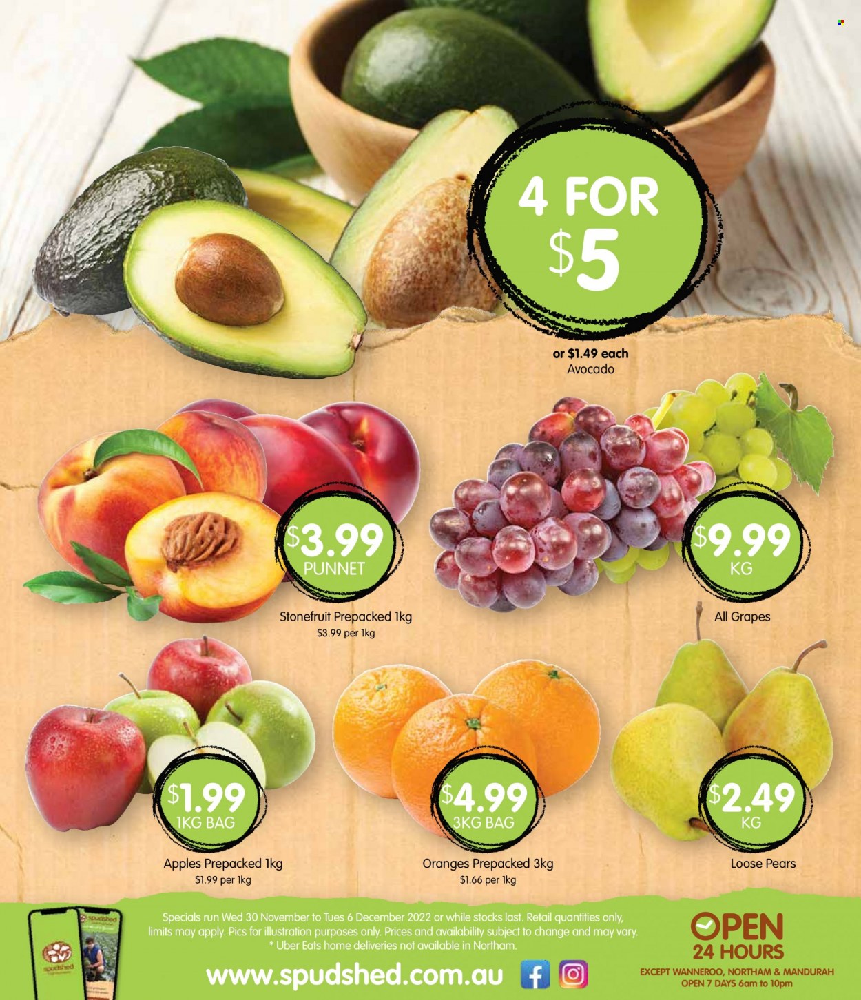 thumbnail - Spudshed Catalogue - 30 Nov 2022 - 6 Dec 2022 - Sales products - avocado, grapes, pears, oranges, apples. Page 9.