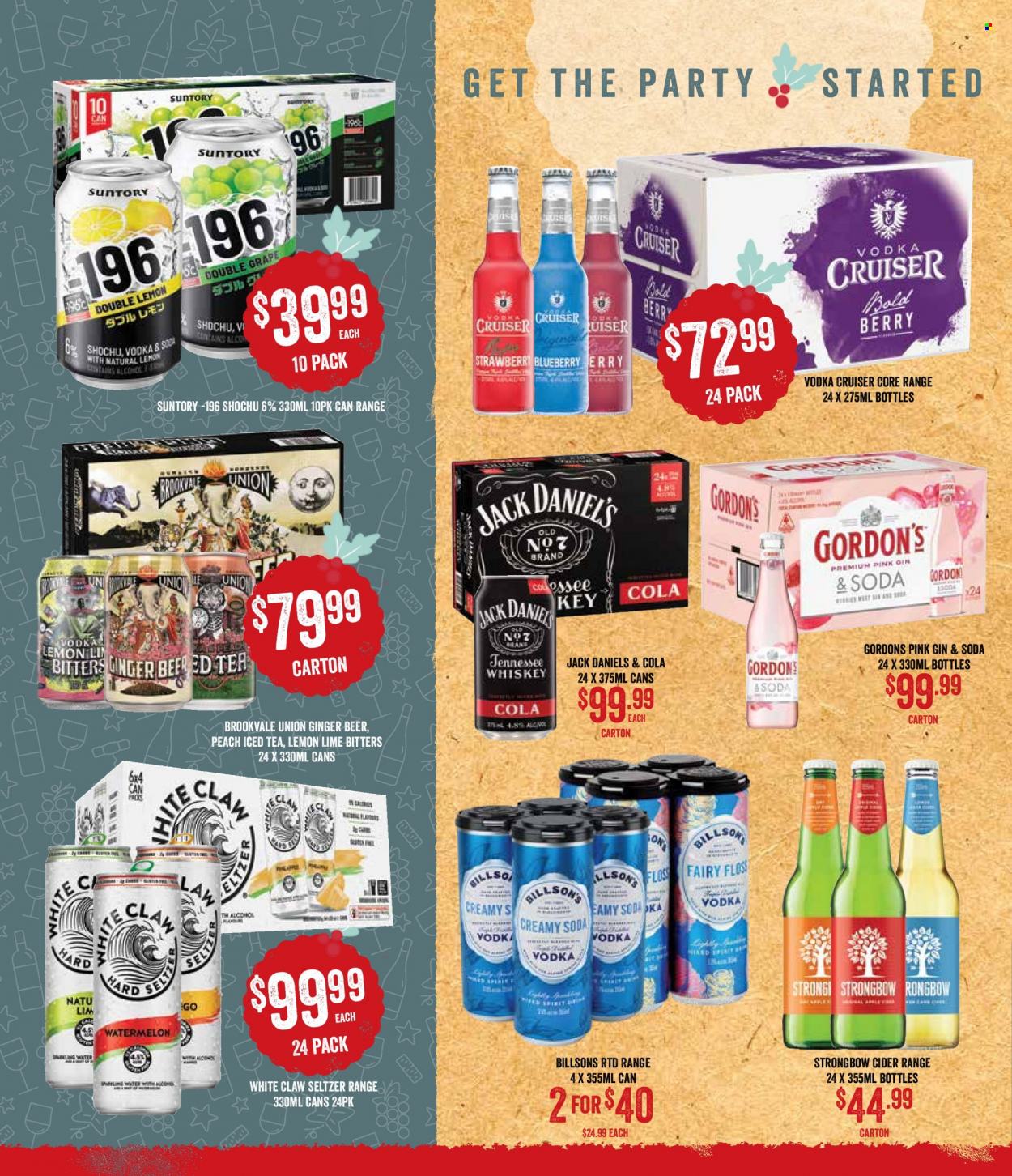 thumbnail - Spudshed Catalogue - 30 Nov 2022 - 6 Dec 2022 - Sales products - watermelon, Jack Daniel's, ice tea, seltzer water, soda, gin, Tennessee Whiskey, vodka, whiskey, Gordon's, White Claw, whisky, Vodka Cruiser, cider, beer, Fairy, ginger beer. Page 15.