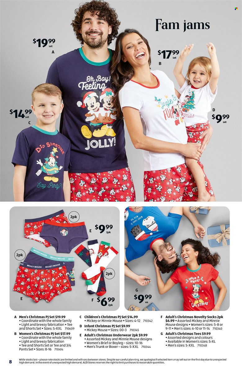 thumbnail - ALDI Catalogue - 7 Dec 2022 - 10 Dec 2022 - Sales products - Mickey Mouse, pants, Minnie Mouse, shorts, t-shirt, socks, underwear. Page 8.