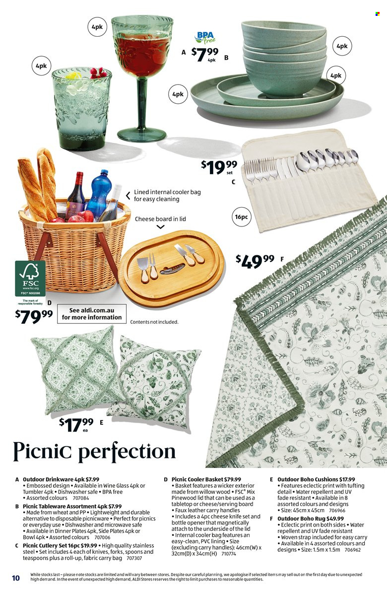 thumbnail - ALDI Catalogue - 7 Dec 2022 - 10 Dec 2022 - Sales products - repellent, basket, knife, drinkware, spoon, tableware, tumbler, wine glass, plate, cutlery set, bottle opener, dinner plate, cheese board, cooler bag, pen, cushion, carry bag, strap. Page 10.