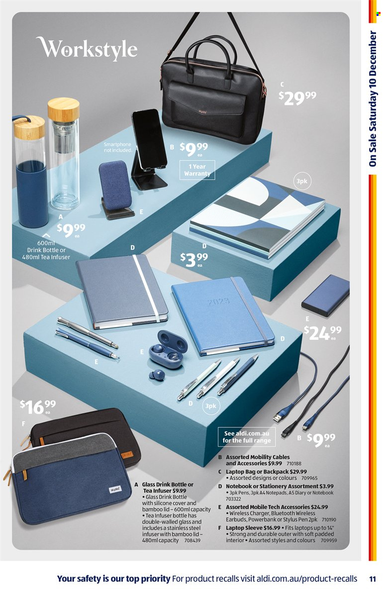thumbnail - ALDI Catalogue - 7 Dec 2022 - 10 Dec 2022 - Sales products - tea, bag, lid, drink bottle, tea infuser, diary, pen, smartphone, power bank, wireless charger, earbuds. Page 11.