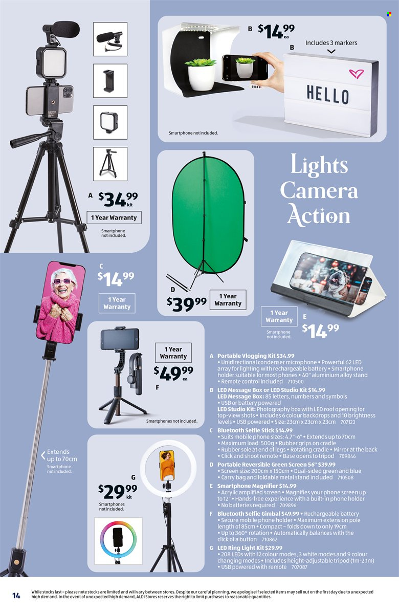 thumbnail - ALDI Catalogue - 7 Dec 2022 - 10 Dec 2022 - Sales products - rechargeable battery, smartphone, mobile phone holder, microphone, remote control, mirror, carry bag, lighting. Page 14.