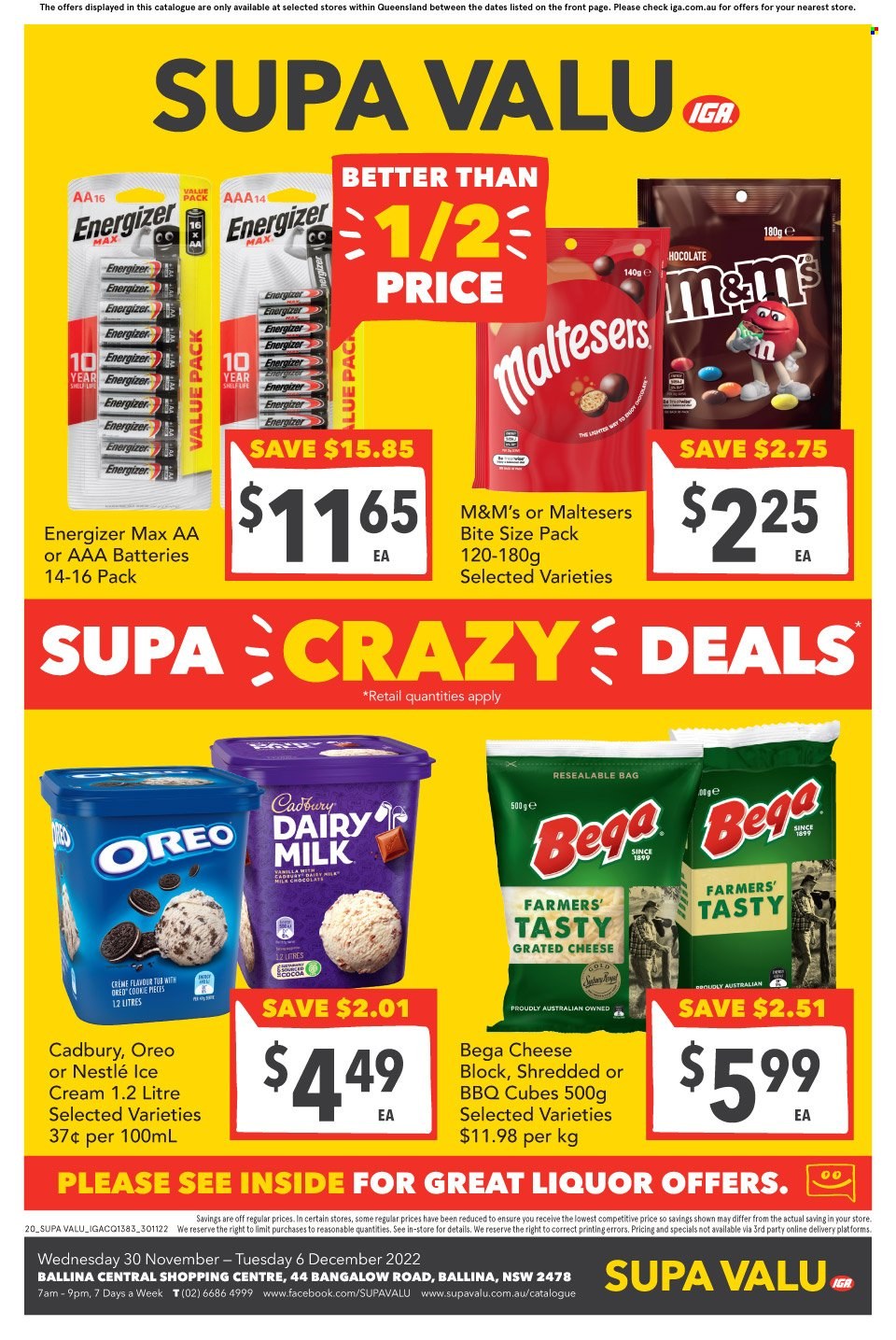 thumbnail - SUPA VALU Catalogue - 30 Nov 2022 - 6 Dec 2022 - Sales products - cheese, grated cheese, ice cream, Nestlé, M&M's, Maltesers, Cadbury, Dairy Milk, liquor, battery, Energizer, AAA batteries. Page 2.
