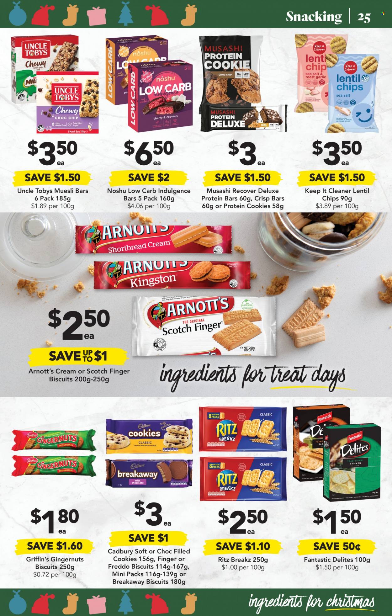 thumbnail - Drakes Catalogue - 30 Nov 2022 - 6 Dec 2022 - Sales products - garlic, cherries, cookies, milk chocolate, snack, biscuit, Cadbury, Griffin's, protein cookie, RITZ, oats, protein bar, muesli bar, muesli, rice, cleaner, Aussie. Page 25.
