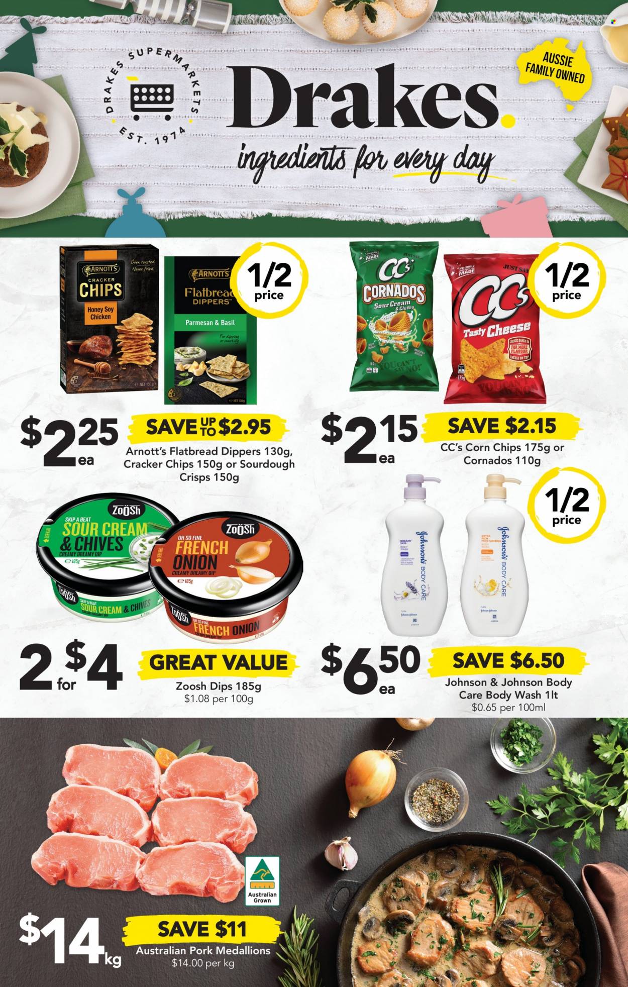 thumbnail - Drakes Catalogue - 30 Nov 2022 - 6 Dec 2022 - Sales products - flatbread, onion, chives, parmesan, cheese, crackers, chips, corn chips, ZoOsh, honey, pork meat, Johnson's, body wash, Aussie. Page 32.