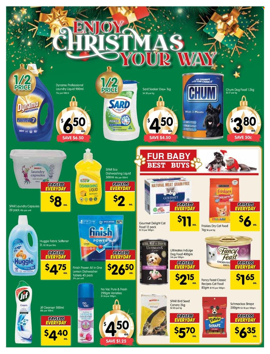 thumbnail - SPAR Catalogue - 30 Nov 2022 - 6 Dec 2022 - Sales products - Jif, fabric softener, laundry detergent, laundry capsules, dishwashing liquid, dishwasher cleaner, dishwasher tablets, cleanser, animal food, animal treats, bird food, cat food, dog food, Purina, Strapz, Schmackos, dry cat food, Fancy Feast, Friskies, soaker. Page 10.