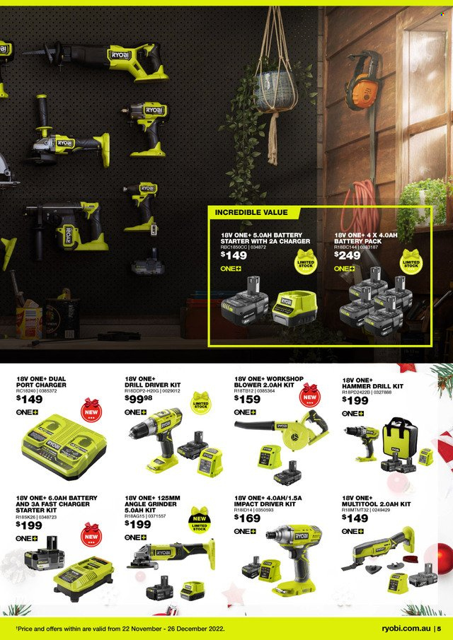 thumbnail - Bunnings Warehouse Catalogue - 22 Nov 2022 - 26 Dec 2022 - Sales products - grinder, drill, impact driver, drill driver kit, Ryobi, angle grinder, blower. Page 5.