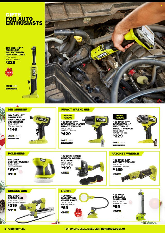 thumbnail - Bunnings Warehouse Catalogue - 22 Nov 2022 - 26 Dec 2022 - Sales products - grinder, wrench, Ryobi. Page 8.