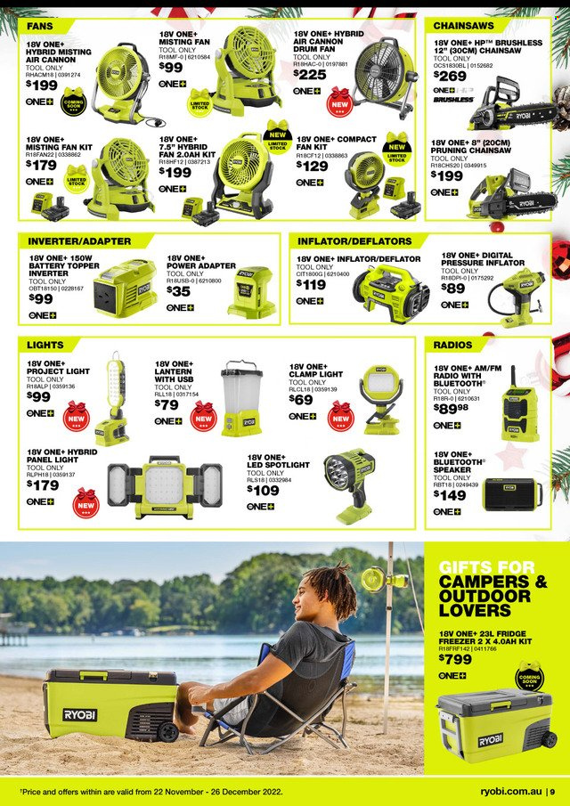 thumbnail - Bunnings Warehouse Catalogue - 22 Nov 2022 - 26 Dec 2022 - Sales products - lantern, battery, spotlight, topper, radio, speaker, adapter, freezer, refrigerator, fridge, Ryobi, chain saw. Page 9.