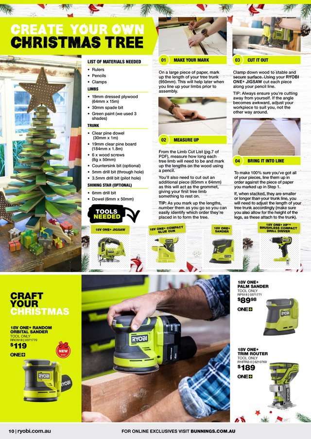 thumbnail - Bunnings Warehouse Catalogue - 22 Nov 2022 - 26 Dec 2022 - Sales products - christmas tree, glue, paper, pencil, Pilot, ruler, router, paint, Ryobi, glue gun. Page 10.