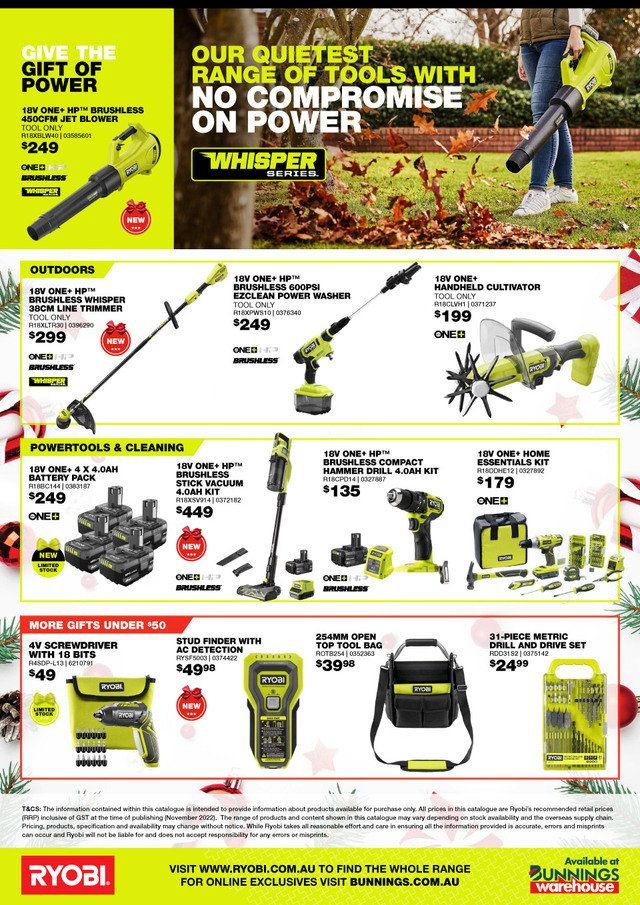 thumbnail - Bunnings Warehouse Catalogue - 22 Nov 2022 - 26 Dec 2022 - Sales products - washing machine, drill, screwdriver, Ryobi, blower, pressure washer, tool bag. Page 20.