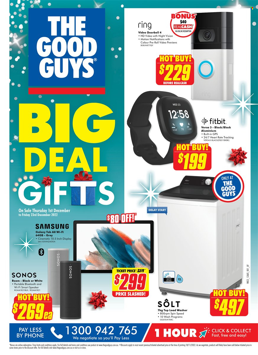 thumbnail - The Good Guys Catalogue - 1 Dec 2022 - 23 Dec 2022 - Sales products - Samsung Galaxy, Samsung Galaxy Tab, doorbell, video doorbell, Samsung, phone, Fitbit, Sonos, speaker, washing machine. Page 1.
