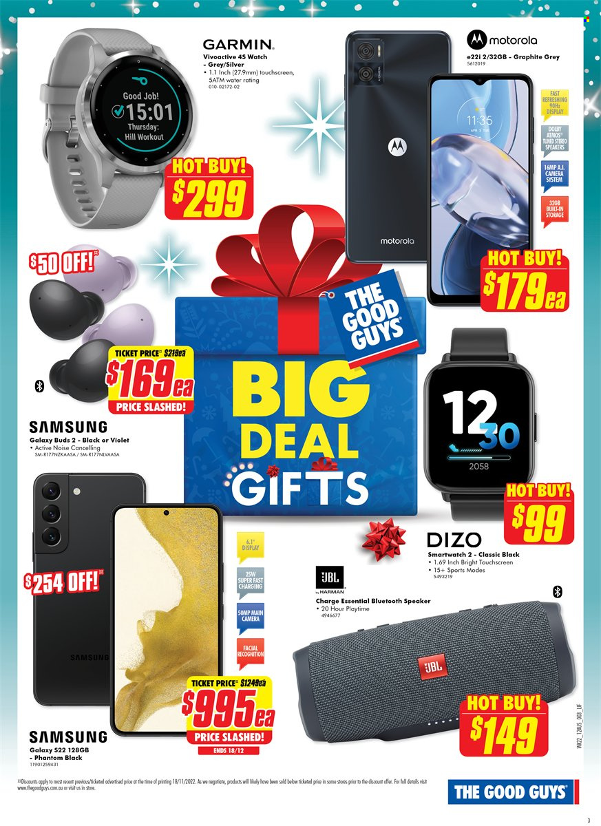 thumbnail - The Good Guys Catalogue - 1 Dec 2022 - 23 Dec 2022 - Sales products - Samsung Galaxy, Motorola, Samsung, Garmin, smart watch, camera, speaker, JBL, bluetooth speaker. Page 3.