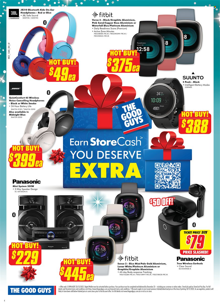 thumbnail - The Good Guys Catalogue - 1 Dec 2022 - 23 Dec 2022 - Sales products - Panasonic, Fitbit, BOSE, speaker, JBL, headphones, earbuds. Page 4.