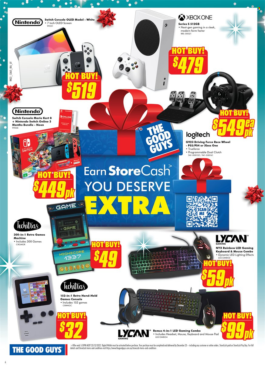 thumbnail - The Good Guys Catalogue - 1 Dec 2022 - 23 Dec 2022 - Sales products - gaming keyboard, Nintendo Switch, Logitech, mouse, keyboard, mouse pad, Xbox One, PlayStation, Xbox, PlayStation 4, PlayStation 5, headset, wallet, lighting. Page 6.