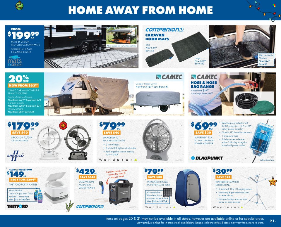 thumbnail - BCF Catalogue - 30 Nov 2022 - 24 Dec 2022 - Sales products - water heater, rechargeable fan, pump, tent, LED light, trailer, caravan cover. Page 24.
