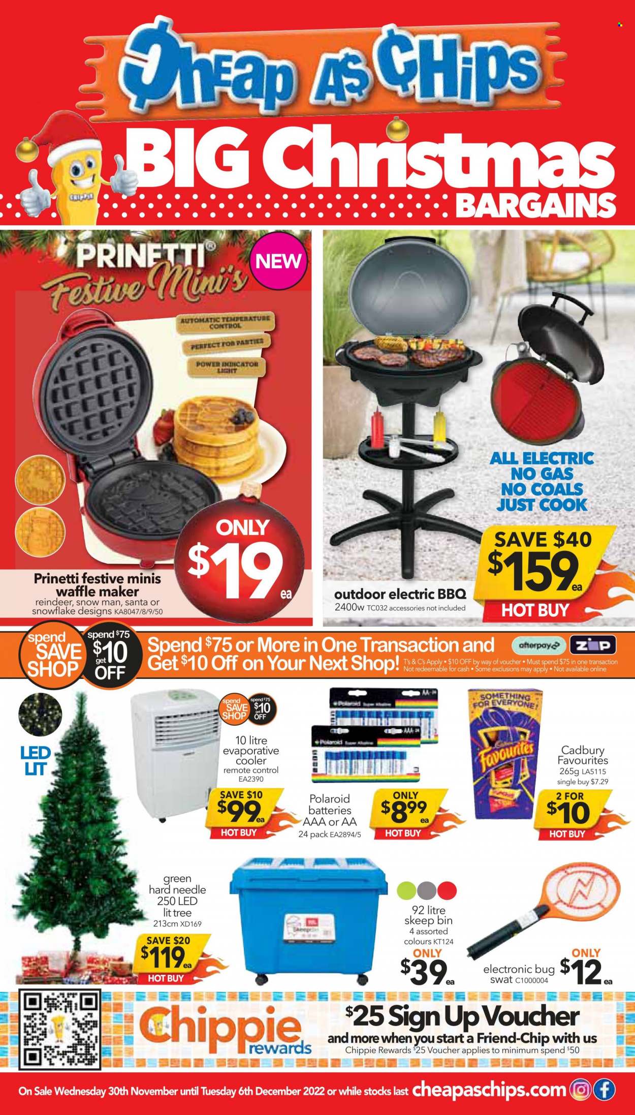 thumbnail - Cheap as Chips Catalogue - 30 Nov 2022 - 6 Dec 2022 - Sales products - reindeer, Santa, Cadbury, chips, bin, battery, remote control, Prinetti, waffle maker. Page 1.