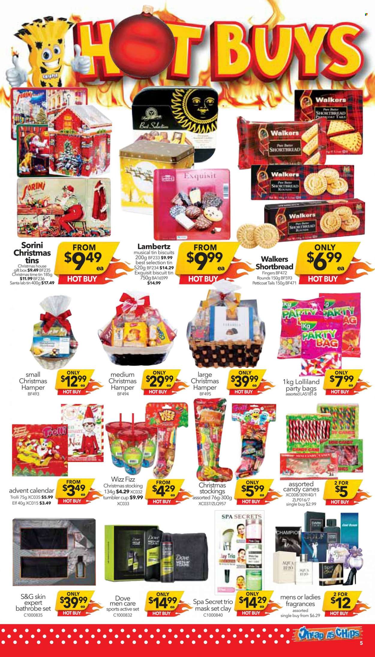 thumbnail - Cheap as Chips Catalogue - 30 Nov 2022 - 6 Dec 2022 - Sales products - Elf, Dove, candy cane, Trolli, hamper, biscuit, Santa, advent calendar, bag, tumbler, cup, calendar, gift box. Page 5.