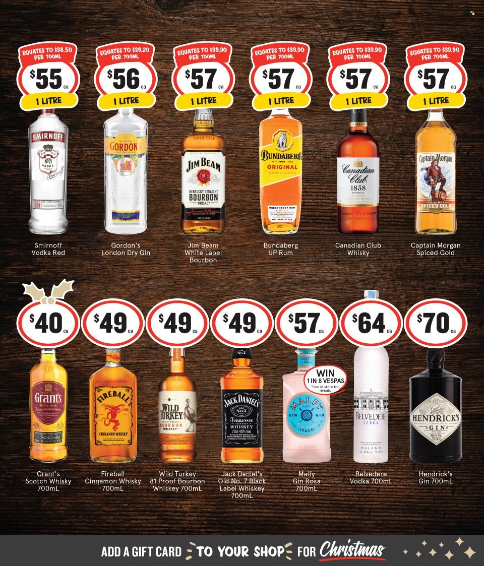 thumbnail - IGA LIQUOR Catalogue - 23 Nov 2022 - 6 Dec 2022 - Sales products - bourbon, Captain Morgan, gin, rum, Smirnoff, vodka, whiskey, Jack Daniel's, Gordon's, Grant's, Bundaberg, Jim Beam, cinnamon whisky, Hendrick's, bourbon whiskey, scotch whisky, whisky. Page 3.