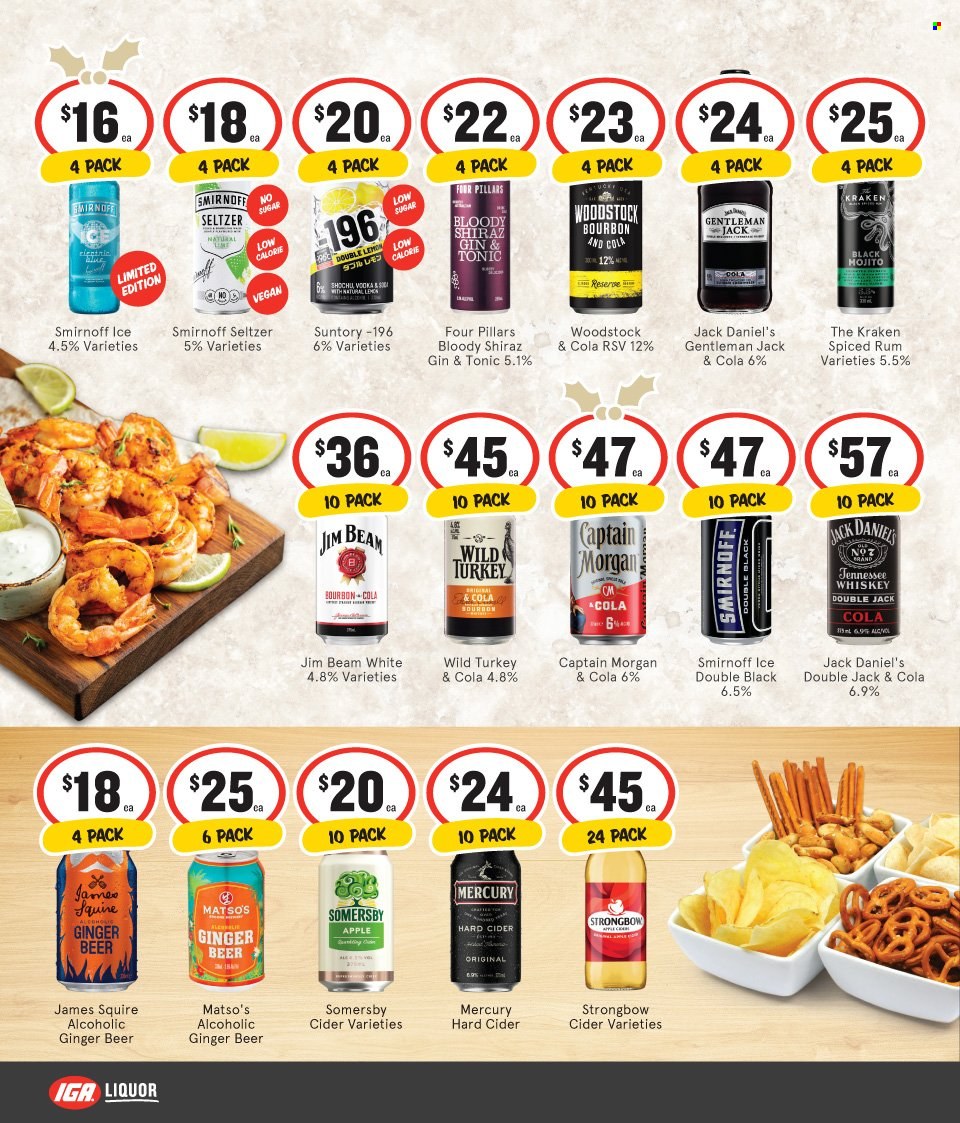 thumbnail - IGA LIQUOR Catalogue - 23 Nov 2022 - 6 Dec 2022 - Sales products - red wine, wine, bourbon, Captain Morgan, rum, Smirnoff, spiced rum, Tennessee Whiskey, vodka, whiskey, Jack Daniel's, liquor, gin & tonic, Jim Beam, Hard Seltzer, whisky, cider, beer, ginger beer. Page 6.