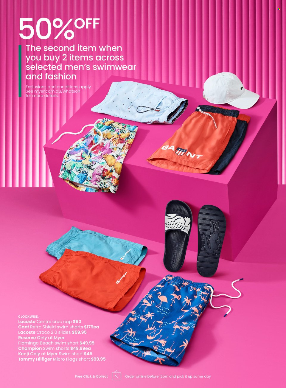thumbnail - Myer Catalogue - Sales products - slides, Lacoste, Tommy Hilfiger, shorts, cap, swimming suit. Page 19.