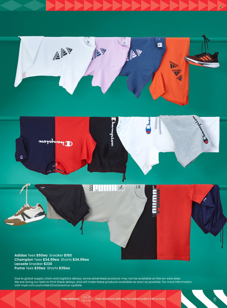 thumbnail - Myer Catalogue - Sales products - Adidas, sneakers, Puma, Lacoste, shorts, t-shirt. Page 21.