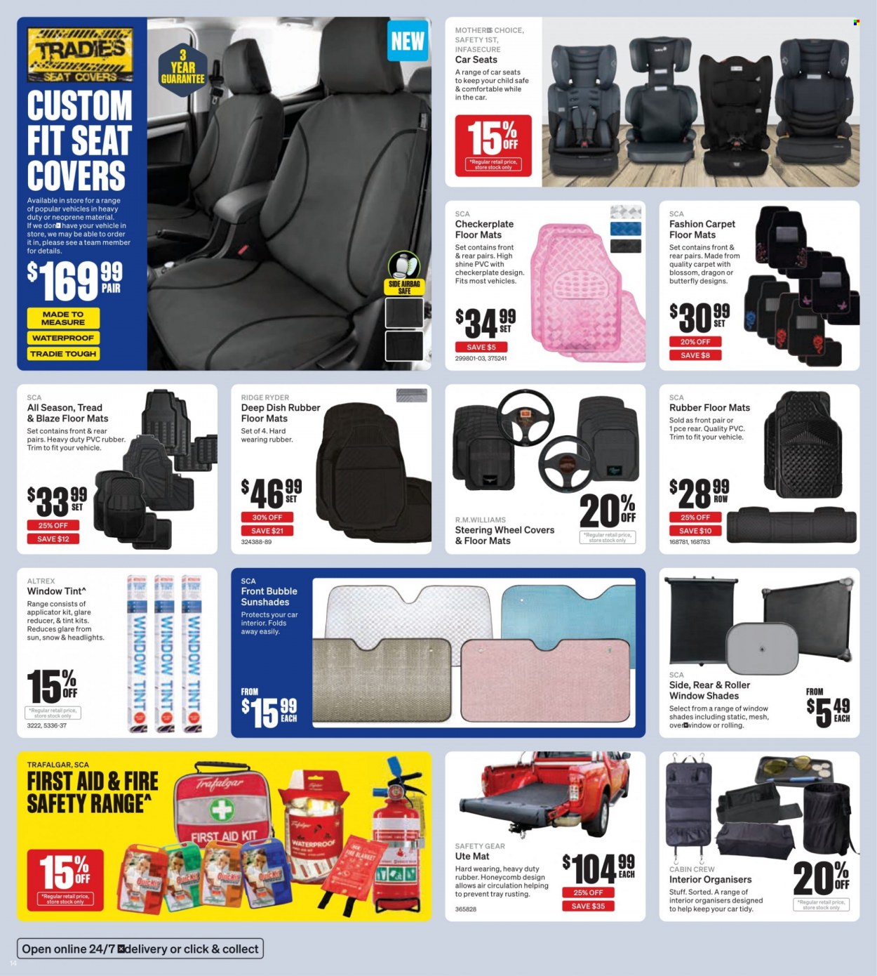 thumbnail - Supercheap Auto Catalogue - 1 Dec 2022 - 11 Dec 2022 - Sales products - Ridge Ryder, tray, carpet, car seat cover, window blinds, first aid kit, wheel covers, Tradie. Page 14.
