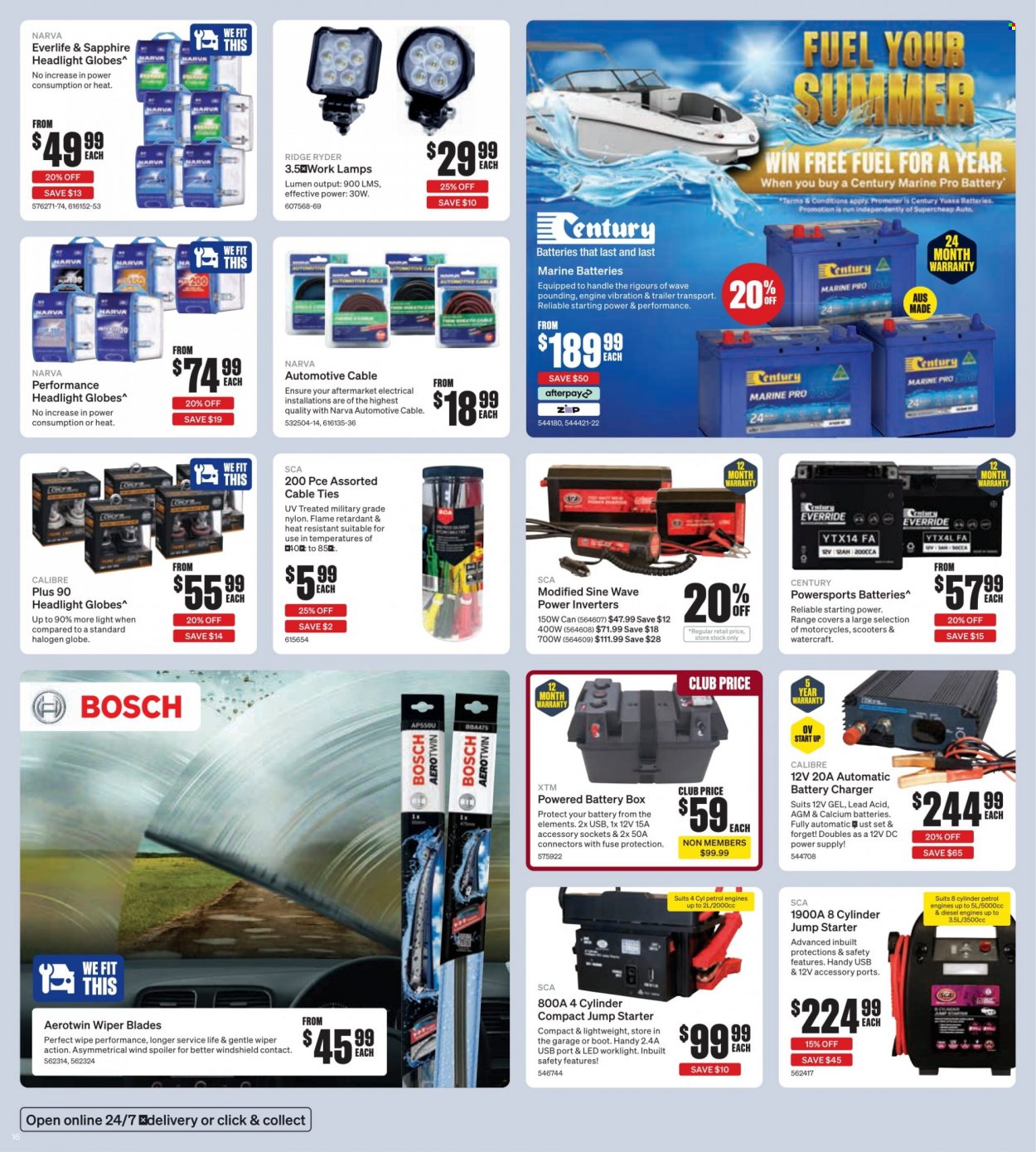 thumbnail - Supercheap Auto Catalogue - 1 Dec 2022 - 11 Dec 2022 - Sales products - Ridge Ryder, Bosch, headlamp, trailer, wiper blades, battery charger, battery box, starter, XTM. Page 16.