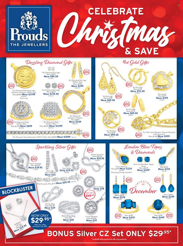 thumbnail - Prouds The Jewellers Catalogue - 29 Nov 2022 - 24 Dec 2022 - Sales products - bracelet, locket, studs, pendant, diamond ring, earrings, diamond earrings. Page 1.