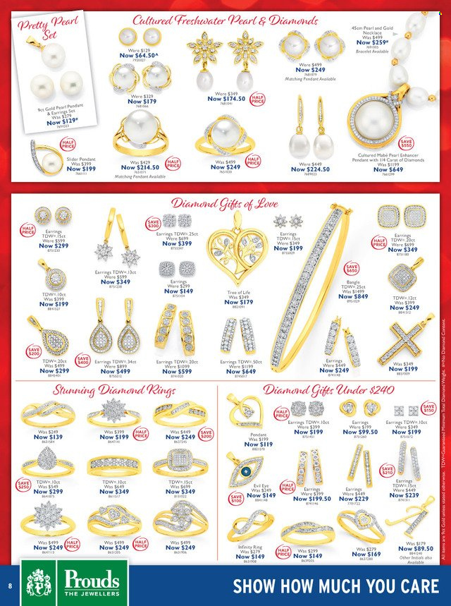 thumbnail - Prouds The Jewellers Catalogue - 29 Nov 2022 - 24 Dec 2022 - Sales products - bracelet, necklace, pendant, diamond ring, earrings. Page 8.
