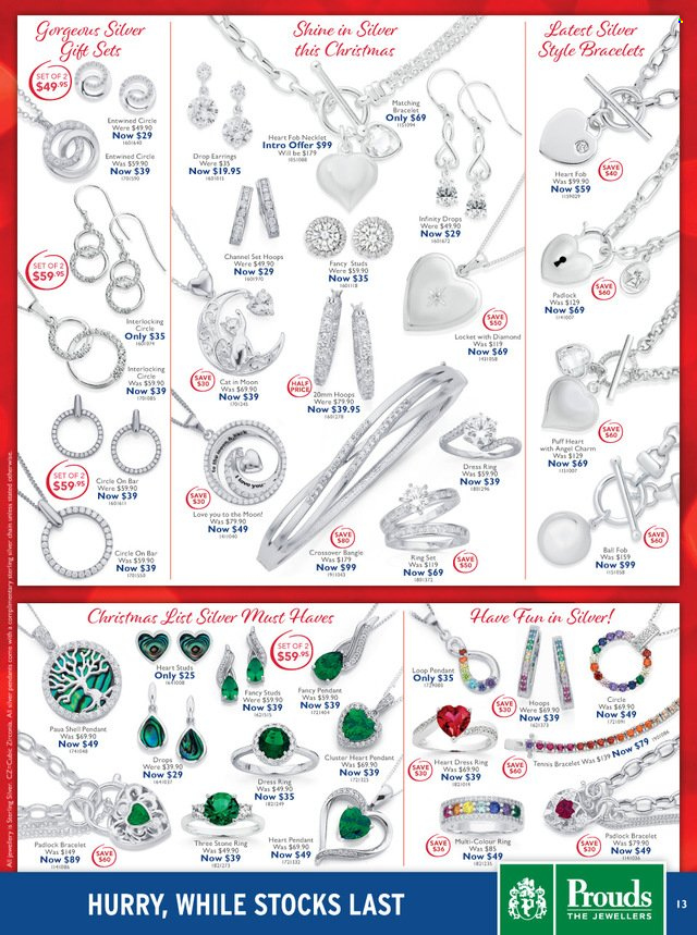 thumbnail - Prouds The Jewellers Catalogue - 29 Nov 2022 - 24 Dec 2022 - Sales products - bracelet, locket, studs, pendant, earrings. Page 13.