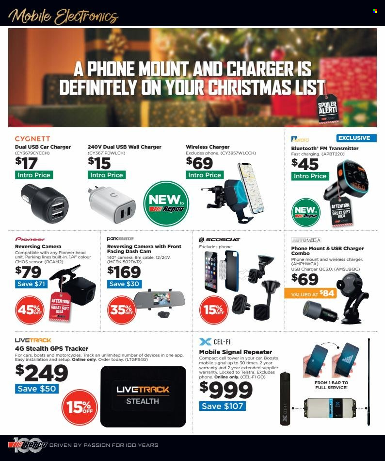 thumbnail - Repco Catalogue - 30 Nov 2022 - 13 Dec 2022 - Sales products - camera, dashboard camera, wireless charger, wall charger, USB charger, Pioneer, FM transmitter, reversing camera, mobile phone holder. Page 4.