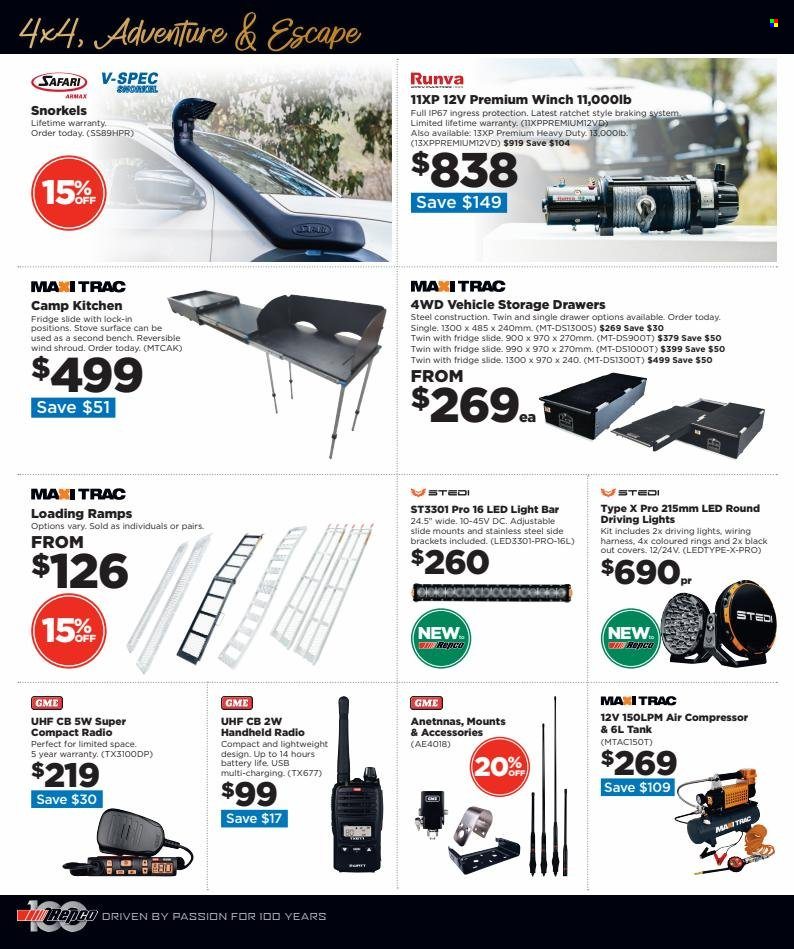 thumbnail - Repco Catalogue - 30 Nov 2022 - 13 Dec 2022 - Sales products - handheld radio, radio, air compressor, vehicle, car ramps, driving lights, wiring harness, fridge slide. Page 6.