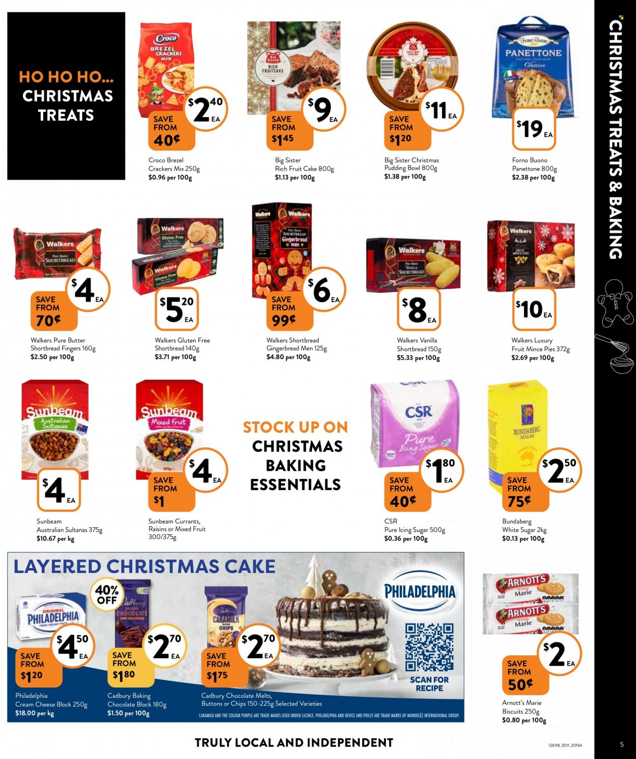 thumbnail - Foodworks Catalogue - 30 Nov 2022 - 6 Dec 2022 - Sales products - cake, gingerbread, panettone, christmas cake, cream cheese, Philadelphia, cheese, pudding, butter, chocolate, crackers, biscuit, Cadbury, chips, sugar, icing sugar, currants, sultanas, Bundaberg, TRULY, bowl, Sunbeam. Page 5.