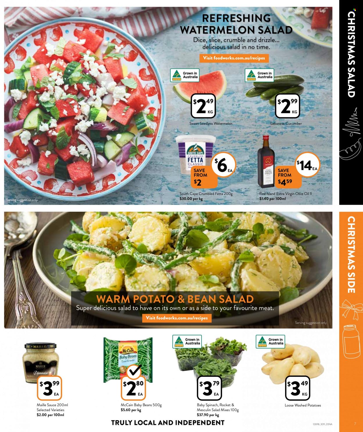 thumbnail - Foodworks Catalogue - 30 Nov 2022 - 6 Dec 2022 - Sales products - beans, rocket, spinach, potatoes, watermelon, sauce, McCain, extra virgin olive oil, olive oil, oil, TRULY. Page 7.