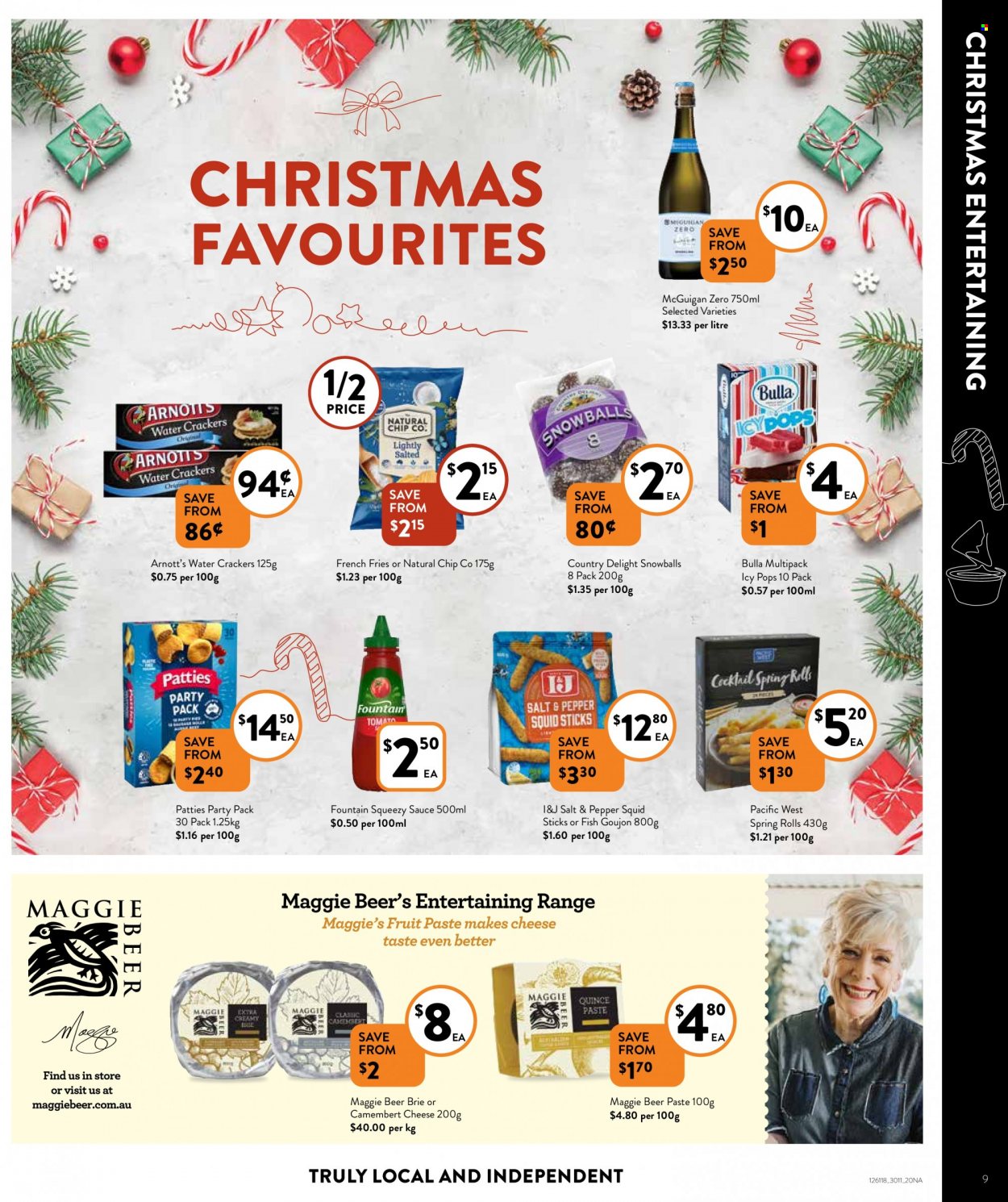 thumbnail - Foodworks Catalogue - 30 Nov 2022 - 6 Dec 2022 - Sales products - quince, squid, sauce, spring rolls, camembert, cheese, brie, potato fries, french fries, crackers, TRULY, beer. Page 9.