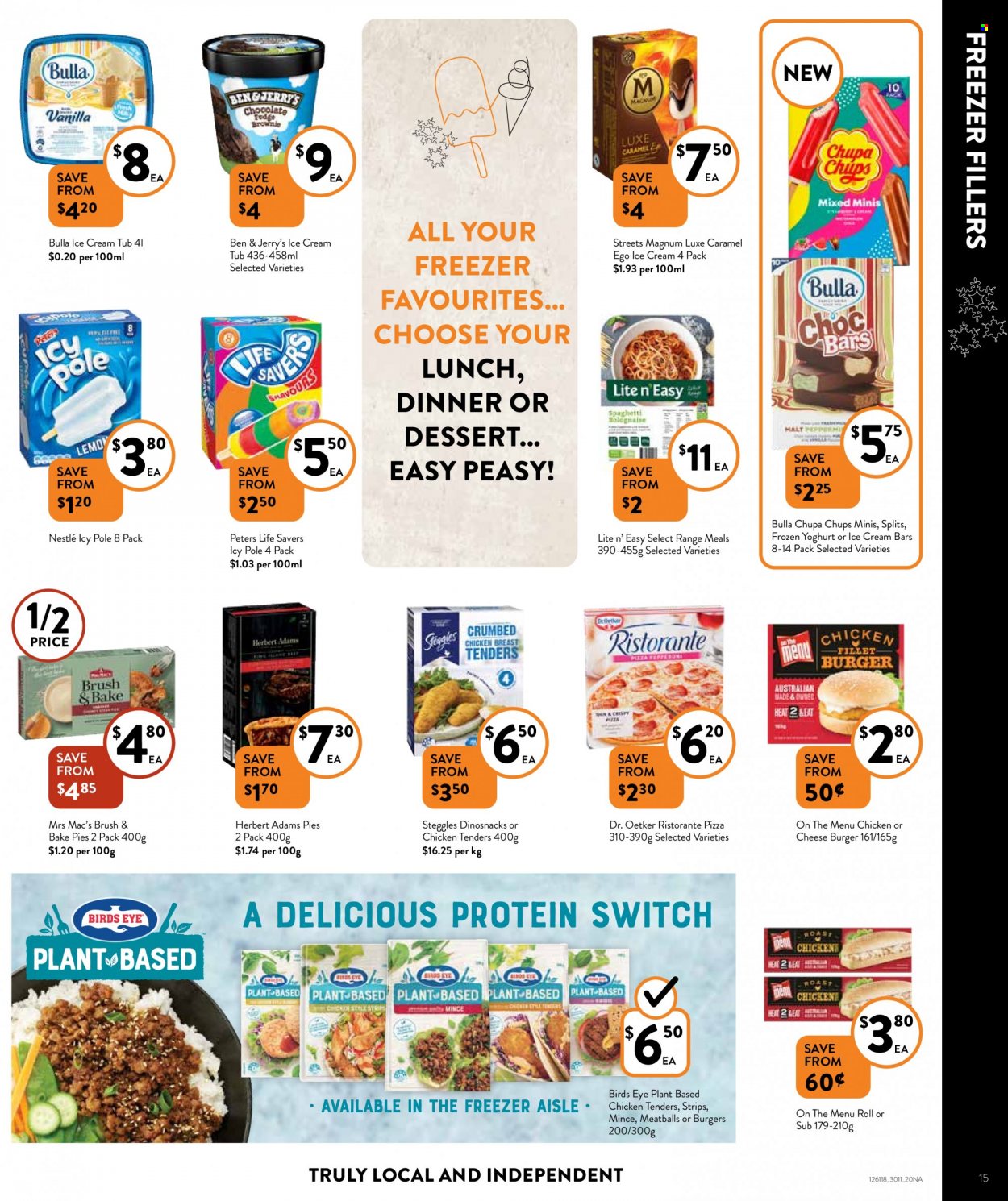 thumbnail - Foodworks Catalogue - 30 Nov 2022 - 6 Dec 2022 - Sales products - spaghetti, pizza, chicken tenders, meatballs, Bird's Eye, Dr. Oetker, yoghurt, Magnum, ice cream, ice cream bars, Ben & Jerry's, frozen yoghurt, strips, Nestlé, Ego, switch, TRULY, brush. Page 15.