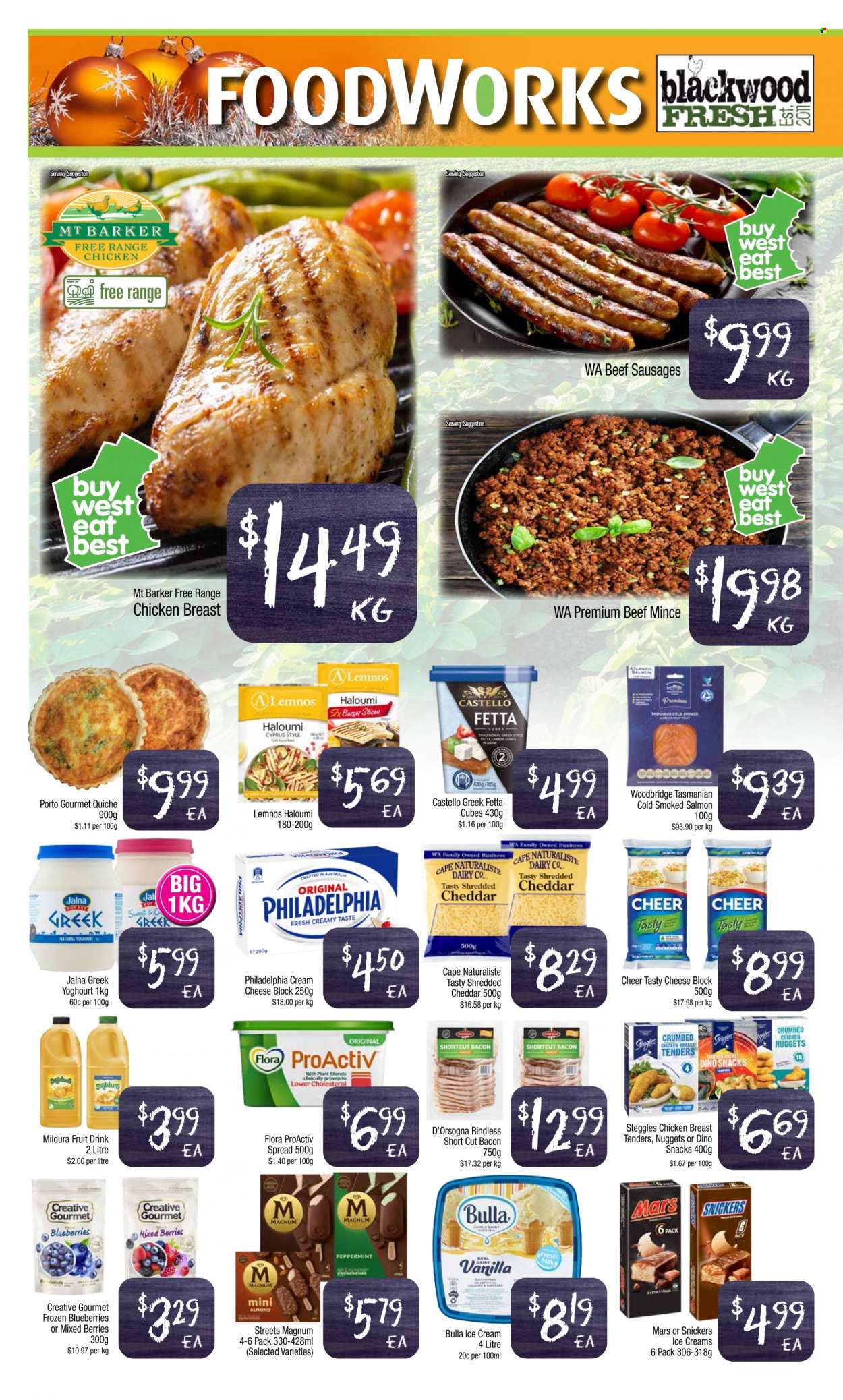 thumbnail - Foodworks Catalogue - 30 Nov 2022 - 6 Dec 2022 - Sales products - blueberries, salmon, smoked salmon, chicken tenders, nuggets, chicken nuggets, bacon, sausage, beef sausage, cream cheese, Philadelphia, cheese, Flora, Magnum, ice cream, quiche, snack, Snickers, Mars, fruit drink, Woodbridge, port wine, beef meat, ground beef. Page 2.